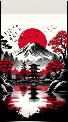 Japan Vector Art, Japanese Simple Art, Mt Fuji Drawing, Japan Landscape Wallpaper, Japanese Art Drawing, Japan Art Illustration, Japanese Art Ideas, Japanese Illustration Art, Tokyo Landscape