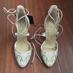 Embroidered Floral Blush Lace Up Heels Never Worn, New With Tags Sz 6.5 White Embroidered Summer Heels, White Embroidered Heels For Spring, Spring White Embroidered Heels, Spring Wedding Heels With Floral Embroidery, White Floral Embroidery Heels, Spring Wedding Embroidered Heels, White Heels With Floral Embroidery, White Floral Embroidered Heels, Summer Floral Embroidered Heels