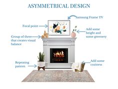 an image of a living room with the words asymmetrical design on it