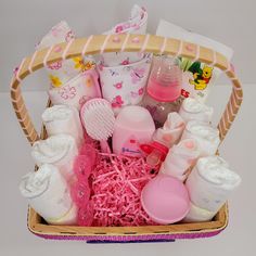 a basket filled with lots of baby items