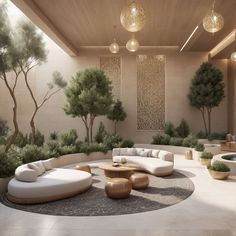 a living room filled with lots of furniture next to trees and bushes on the wall