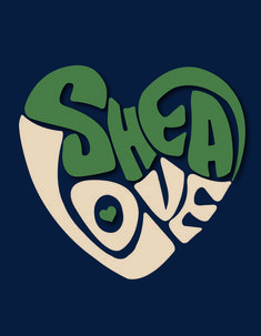 the word shea love is written in green and white letters on a dark blue background