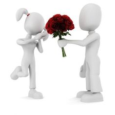 two small white people giving red roses to each other in front of a white background