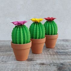 three potted plants with paper flowers in them