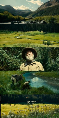 an old man with a hat and beard is standing in the grass near a river