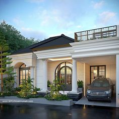 a car is parked in front of a house with white pillars and columns on the roof