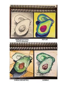 three different colored pencil drawings of fruits and vegetables