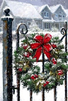 a painting of a christmas wreath on a gate