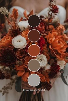 a bride holding a bouquet with orange and brown flowers