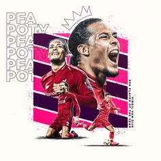 two soccer players with their mouths open in front of a pink and purple background that says,