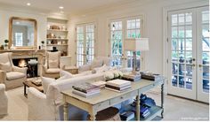 a living room filled with furniture and a fire place in the middle of a room