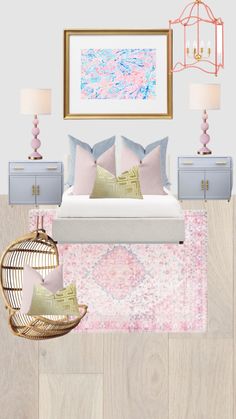 a bedroom with pink, blue and white decor