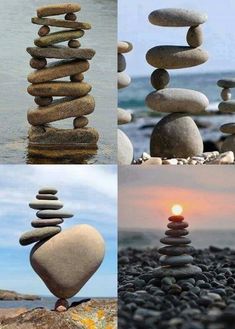 four different pictures with rocks stacked on top of each other