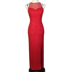 Vintage Beaded Silk Halter Evening Gown  Red  Size XS- runs small in the back See Photos for measurements Approximate measurements: Bust measures 14 inches across when laid flat Waist measures 11 inches across when laid flat 54.5 inch length from shoulder to hem For reference, dress form measurements are: bust 33.5 inches, waist 26.5 inches, hips 35.5 inches Excellent used condition Features: 100% silk, beaded bodice, sleeveless, zip and hook & eye closure, lattice pattern on the back Tags:  beaded glamorous prom cocktail party holiday Christmas formal Christmas Formal, Gown Red, Red Dress Women, Beaded Bodice, Lattice Pattern, 80 Dress, Dress Form, Hook Eye, Cherry Red