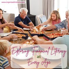 a group of people sitting around a table with pizza in front of them and the words exploring financial library at forty fifty