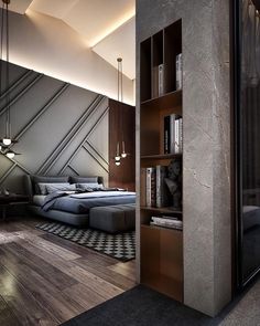 a large bed sitting next to a tall book shelf in a room with wooden floors