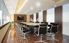 an empty conference room is shown with black chairs