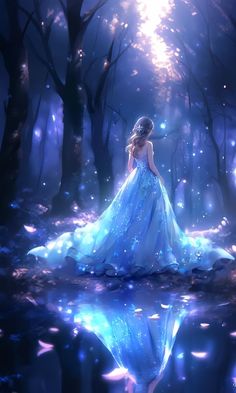 a woman in a blue dress standing in the middle of a forest with trees and stars