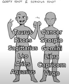 two cartoon characters are standing next to each other with the words taurus, pisces, scorplo, sagitratus, gennii, leo, aris, and capricum