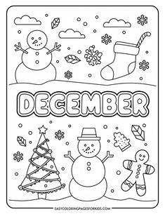 Coloring page for December featuring a snowman, Christmas tree, stocking, gingerbread man, and snowflakes, designed for kids' holiday-themed activities. Winter Kindergarten Worksheets, December Coloring Pages, Preschool Christmas Worksheets, Preschool Winter Worksheets, Free Printable Christmas Worksheets, Christmas Coloring Pages Free, Christmas Worksheets Kindergarten, Easy Coloring Pages For Kids, Color Worksheets For Preschool