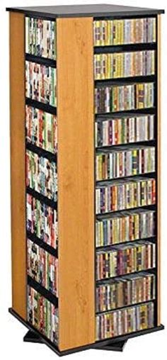 a large wooden bookcase with many dvds on the front and side shelves below it