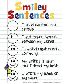 a poster with the words smile sentences written on it and two smiley faces in different colors