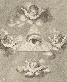 an all seeing triangle with angels surrounding it and the third eye in the center surrounded by clouds