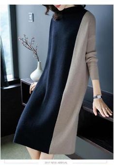 Trendy Fashion Casual Women Sweater Dress Elegant Hit Color Knitted A Line Loose Popular, Sweaters Dresses Tunic Dress For Winter, Sweater Shift Dress, Long Loose Sweater Dress Layering Helpover It, Midi Sweater Dress Women, Long Dresses Casual Sweater, Sewing Sweater Dress, Loose Midi Sweater Dress, Loose Winter Dress, Wool Blend Dress