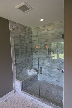 a walk in shower sitting inside of a bathroom