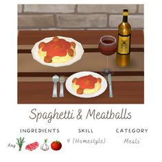 an image of spaghetti and meatballs on a table with wine, vegetables and utensils