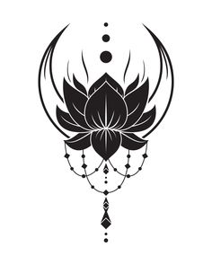 a black and white drawing of a lotus flower with beads hanging from it's petals