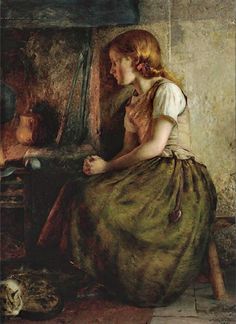 a painting of a woman sitting in front of a stove