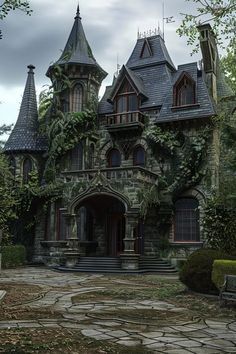 an old house with ivy growing on it's walls and windows, surrounded by stone walkways