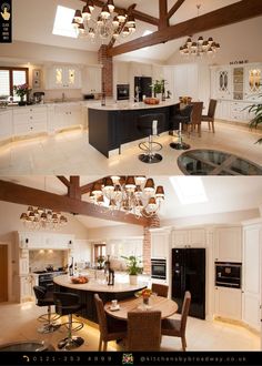 two pictures of a kitchen and dining room with chandeliers hanging from the ceiling