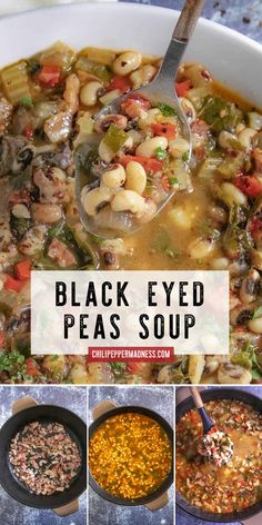 black eyed peas soup in a bowl with spoons and pictures showing the steps to make it