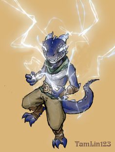 a drawing of a blue and white pokemon character with lightning in the sky behind it