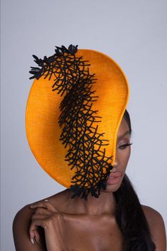 Orange Sidesweep Fascinator With Black Guipure Lace Detail. - Etsy Fascinator Hats Wedding, Dressy Hats, Classy Hats, Ascot Hats, Lace Headband, Trilby Hat, How To Make Headbands, Elegant Hats, Unique Hats