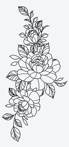 a black and white drawing of flowers with leaves on the top, in a line art style