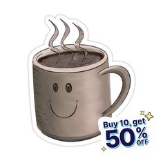 a coffee mug with a smiley face on it and the words buy 10 get 50 % off