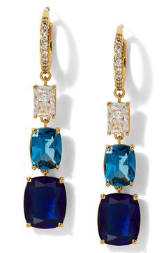 A gradient of oceanic crystals brings a wave of glistening color to these drop earrings. 1 5/8" drop; 1/4" width Lever-back closure 18k-gold plate/crystal Imported Navy Blue Jewelry, Sneaker Jewelry, Leverback Earrings, Blue Jewelry, Crystal Drop Earrings, Stunning Earrings, Crystal Drop, Fine Earrings, Keep Jewelry