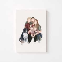 a watercolor painting of a family sitting on top of each other with their dog