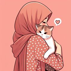 a woman holding a cat in her arms while wearing a pink scarf over her head