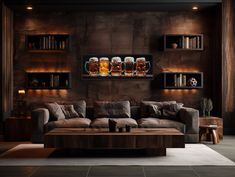 a living room filled with lots of furniture and shelves full of beer mugs on the wall