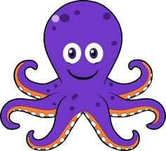 an octopus is smiling and purple with orange stripes on it's chest, while its eyes are wide open