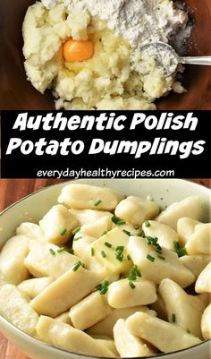 two pictures showing different types of potato dumplings with text overlay that reads authentic polish potato dumplings