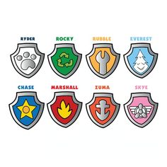 six different colored shields with the names of each one on them, all in different colors