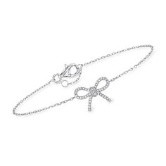 Ross-Simons - .10 ct. t. w. Diamond Bow Bracelet in Sterling Silver. 6.5". RS Pure. Modern designs that complete your outfit and complement your personality. A sweet way to add some personality to your stack, this pretty bracelet features a simple bow design glimmering with .10 ct. t. w. round diamonds. Crafted in sterling silver. Cable chain includes a 1/2" extender. Lobster clasp, diamond bow bracelet. Diamond birthstones are the perfect gift for April birthdays. Small Watches Women, Silver Bracelet Designs, Silver Bracelet Stack, Girly Bracelets, Simple Bow, Preppy Jewelry, Diamond Bows, Bow Bracelet, Gold Bracelet For Women