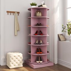 there is a pink shelf with shoes on it