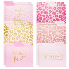 three pink and gold leopard print folders with the words work for it on them