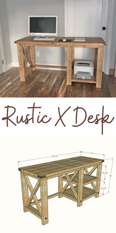 a computer desk made out of wooden planks with the words rustic x desk below it